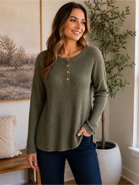 Rolla Coster Olive Green Waffle Henley Long Sleeve Top